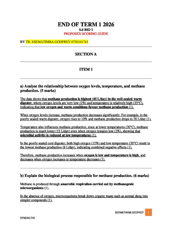S.6 Biology Paper 1 Proposed Guide for 2026 Exams - Uganda (UNEB)
