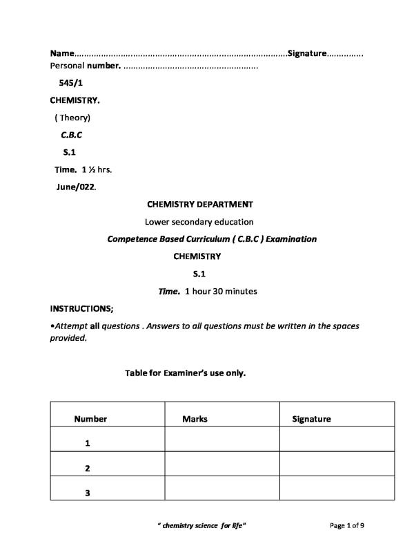 S.1 CBC Chemistry Examination Paper
