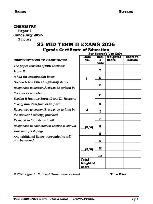 S3 Chemistry Mid-Term II Exams 2026