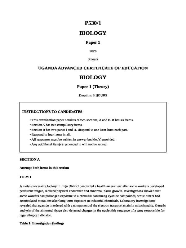 UNEB Biology Paper 1 2026
