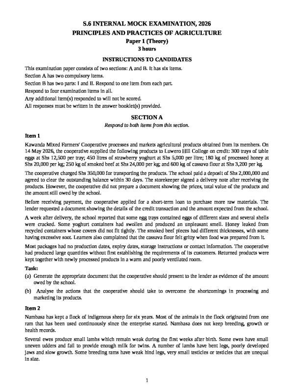 Senior Six (S.6) Agriculture Internal Mock Examination Paper 2026