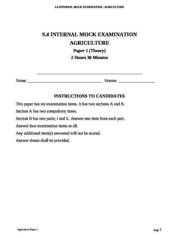 S.4 Agriculture Internal Mock Exam Paper - Uganda Curriculum