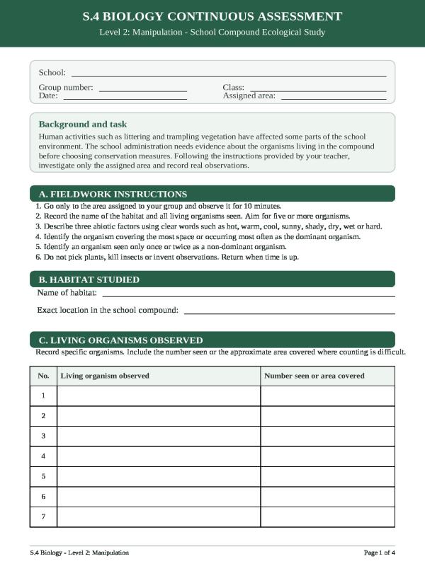 S4 Biology Term 2 Continuous Assessment Item (CAI) - Level 2
