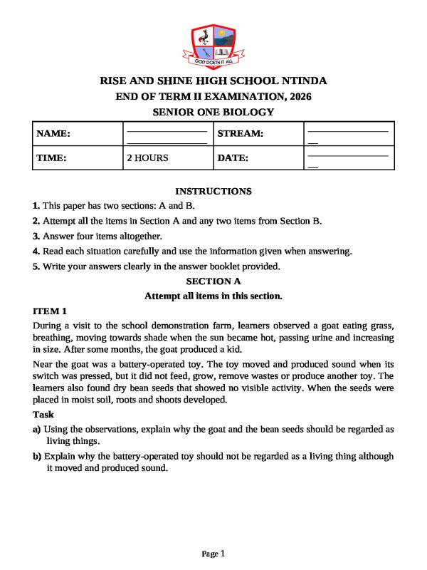 Senior 1 Biology End of Term 2 Exam 2026