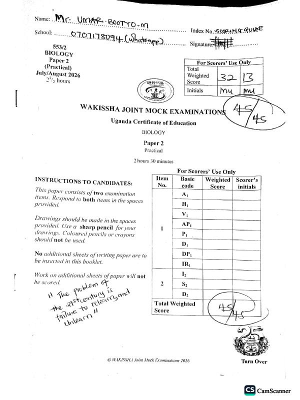 UACE Wakissha Mock Biology Practical Paper  2026 Marking Guide