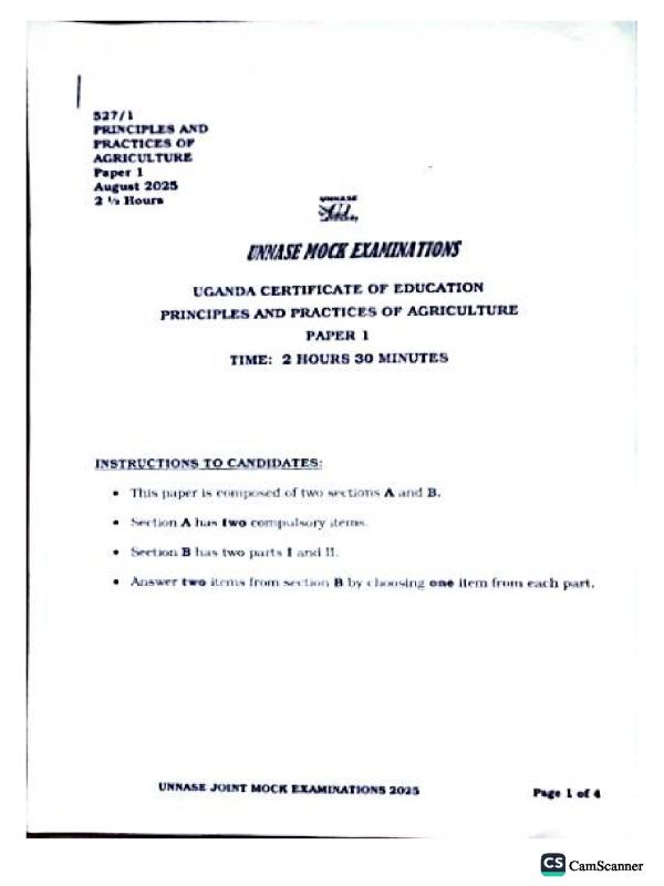 Uganda Certificate of Education (UCE) Agriculture Past Papers - UNEB