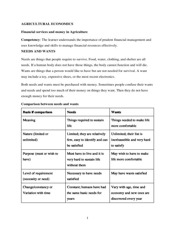 Financial Services and Money in Agriculture S.3 UNEB Notes