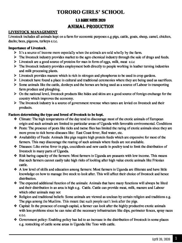S.3 CBC Cattle Production Notes - Uganda Curriculum