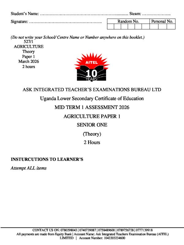 Senior 1 Agriculture Assessment Paper