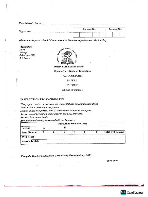 UCE Agriculture KAMTEC Mock Paper 2025