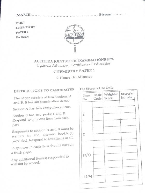 ACEITEKA UACE Chemistry Paper 1 2026 Mock Examination