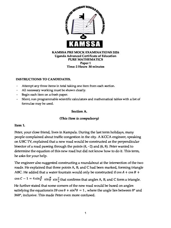 KAMSSA  UACE Pure Mathematics Paper 1 Mock Examinations 2026