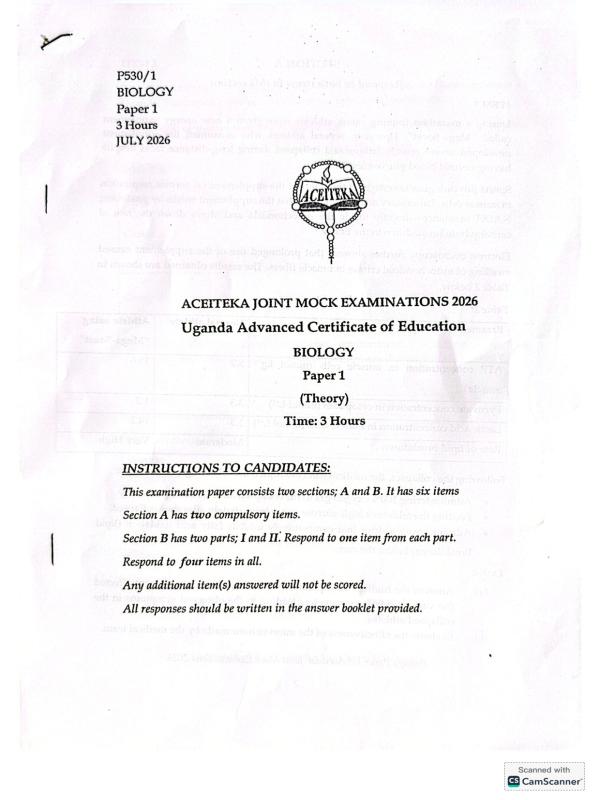 ACEITEKA UACE Biology Paper 1 Mock Examination 2026
