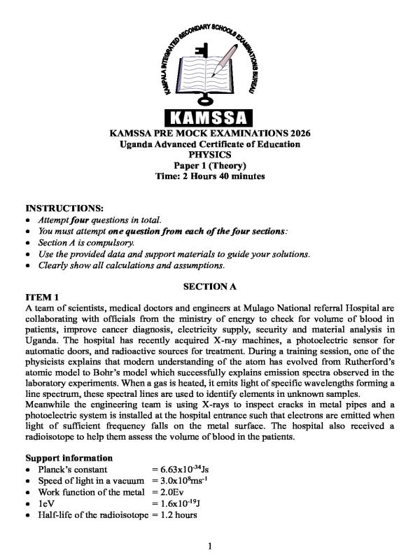 KAMSSA UACE Physics Paper 1 Mock Examinations 2026