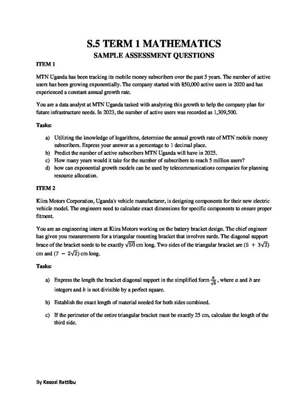 S.5 Mathematics Items 2026