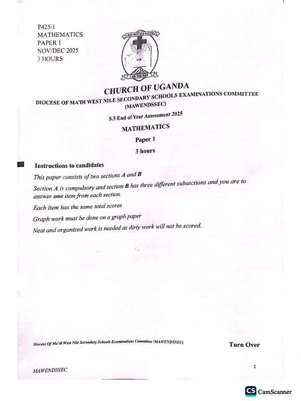 Senior 5 Pure Mathematics P425/1 West Nile Exam Paper 2026