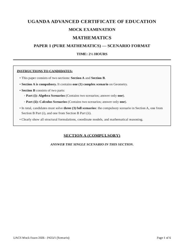 UACE Pure Mathematics Paper 1 Scenario Mock Exam