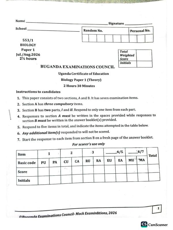 S4 Biology Mock Examination Paper 1 - 2026 Uganda Curriculum