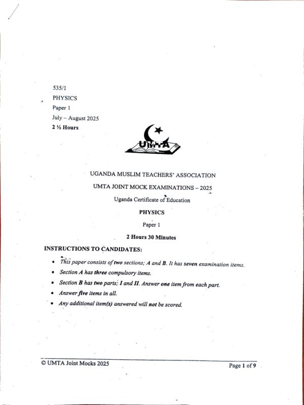 UMTA UCE Physics Paper 1 (2025 Revision)