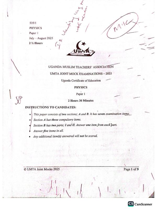 UMTA Physics Mock Examination Paper 1 - 2025