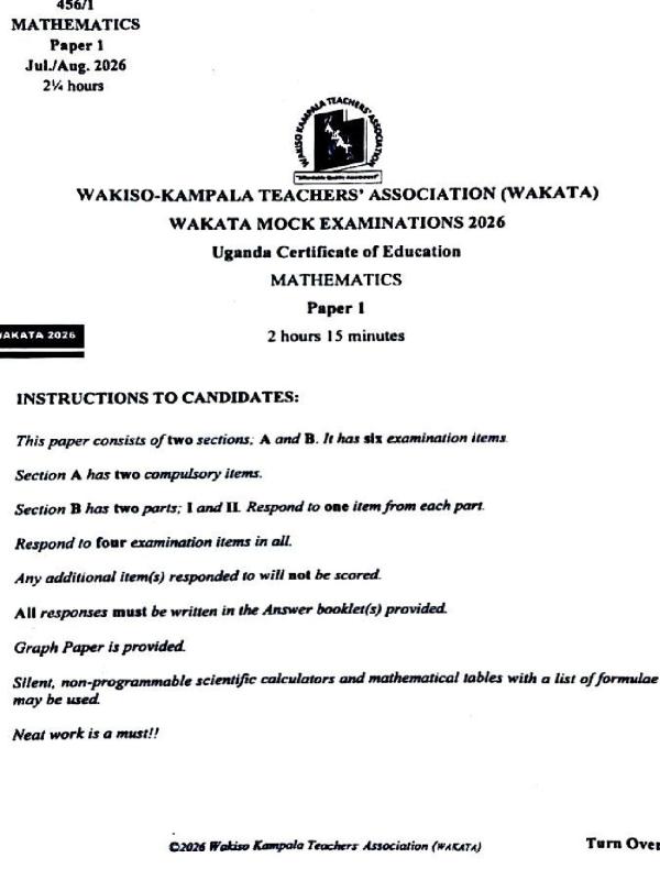 UCE Mathematics Wakata Mock Examination Paper 2026