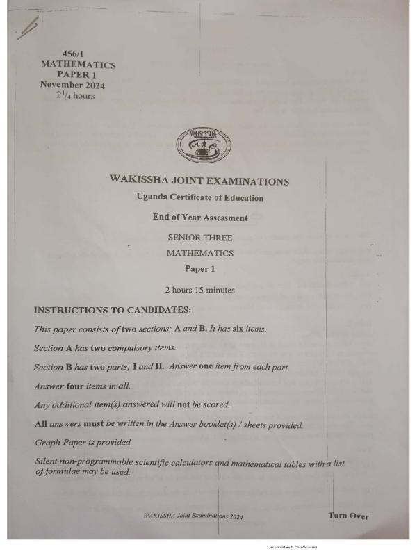 S3 Mathematics End of Year Exams 2024 - WAKISSHA