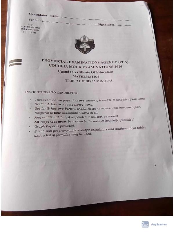 UCE Mathematics (COUHEIA) Mock Examination Paper 2026