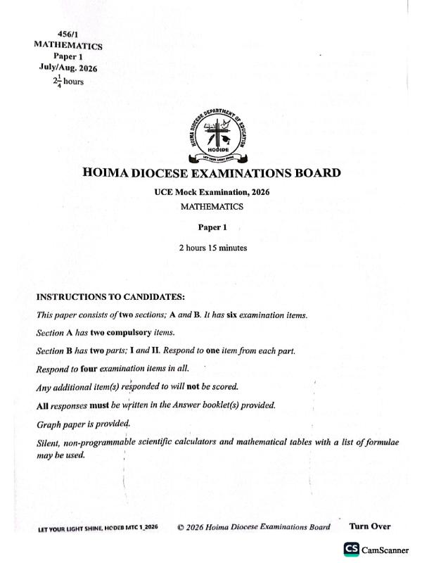 UCE Mathematics Hoima Mock Examination Paper