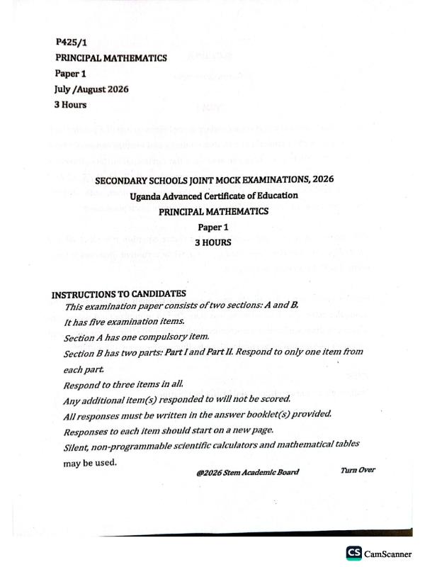 S6 Mathematics Mock Examination Paper - Uganda (UNEB)
