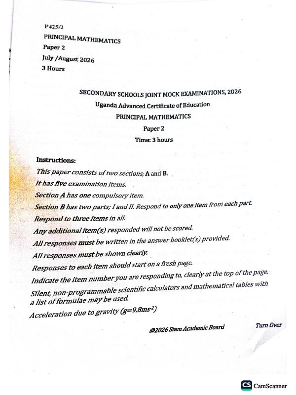 Senior 6 Mathematics Paper 2 Mock Examination 2026