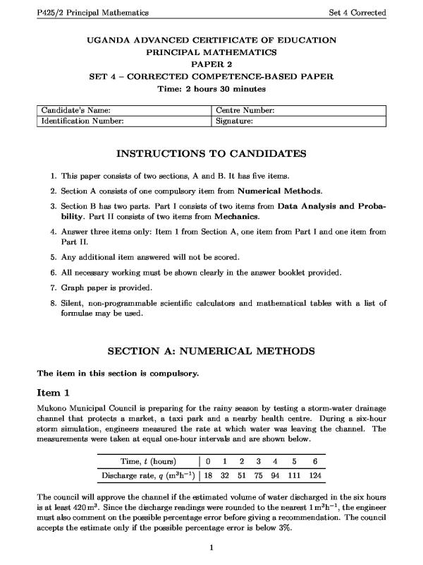 UNEB A-Level Principal Mathematics Paper 2 (Set 4) - Corrected