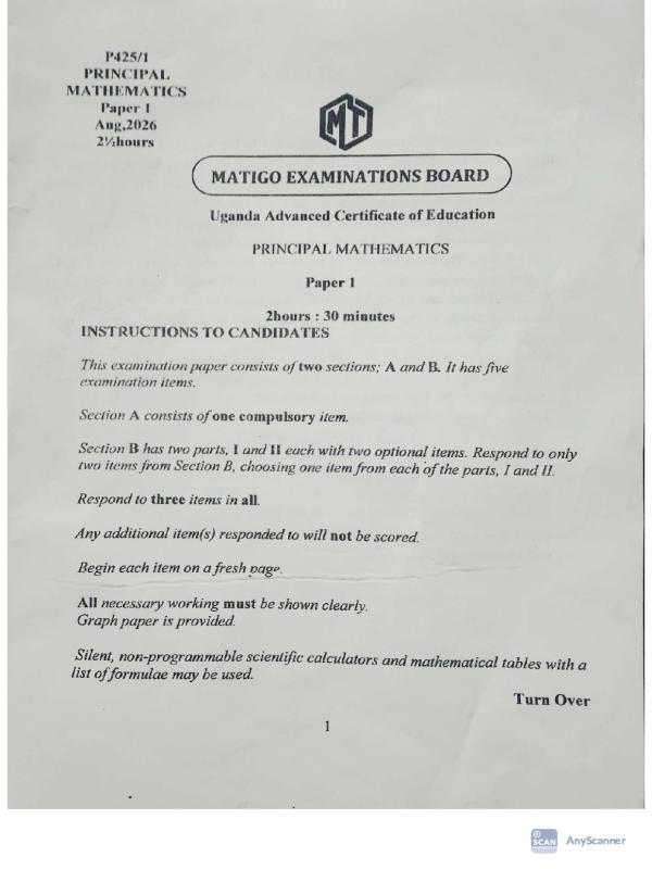 Matigo S.6 Mathematics Paper 1 Mock Exam 2026