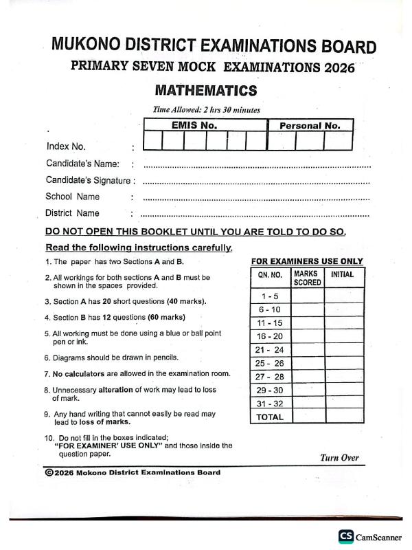 Primary Seven Mathematics Mukono Mock Examination Paper