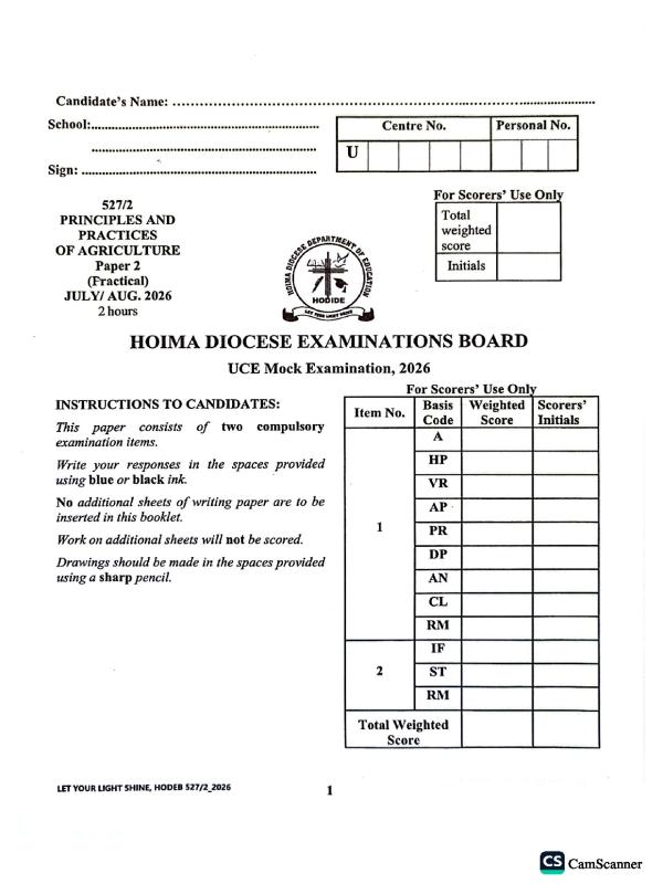 Hoima Mock UNEB O-Level (S4) Agriculture Practical Exam Paper