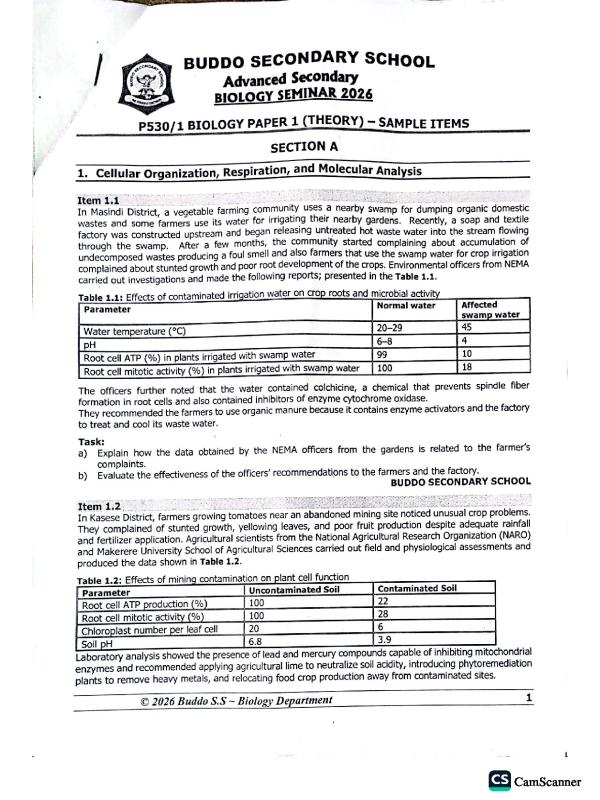 Buddo Secondary School A-Level Biology Seminar Questions 2026