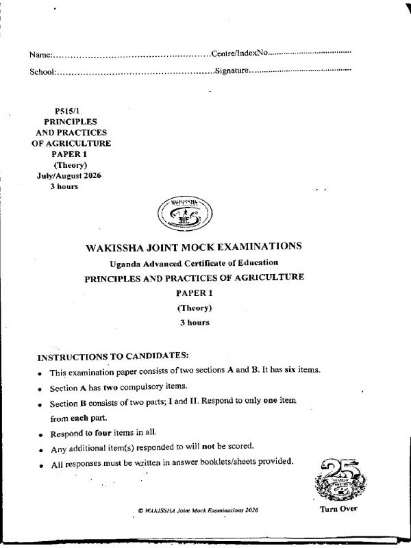 WAKISSHA UACE Agriculture Paper 1 (P1) 2026