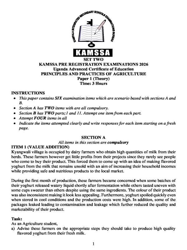 Senior 6 End of Term Agriculture Examination Paper