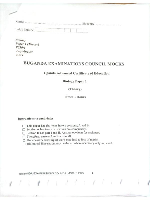 S6 Biology Paper 1 Buganda Mock Examination 2026 - Uganda