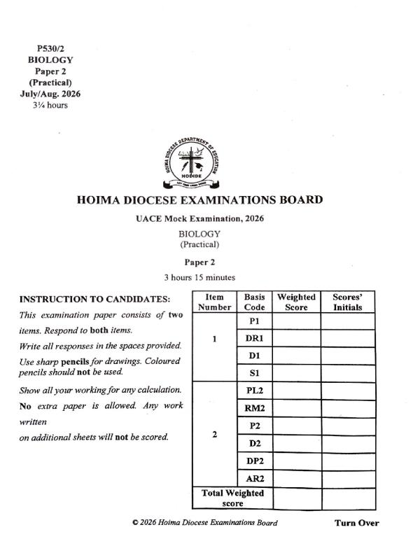 HODEB,UACE Biology Paper 2 Mock Exam 2026 - Uganda National Examinations Board (UNEB)