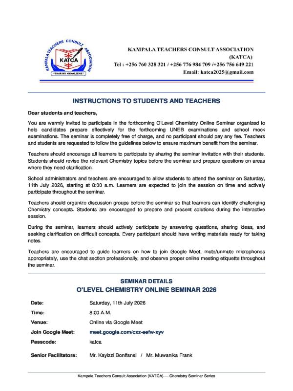 KATCA Chemistry Seminar Items 2026 - Uganda Secondary School Resources