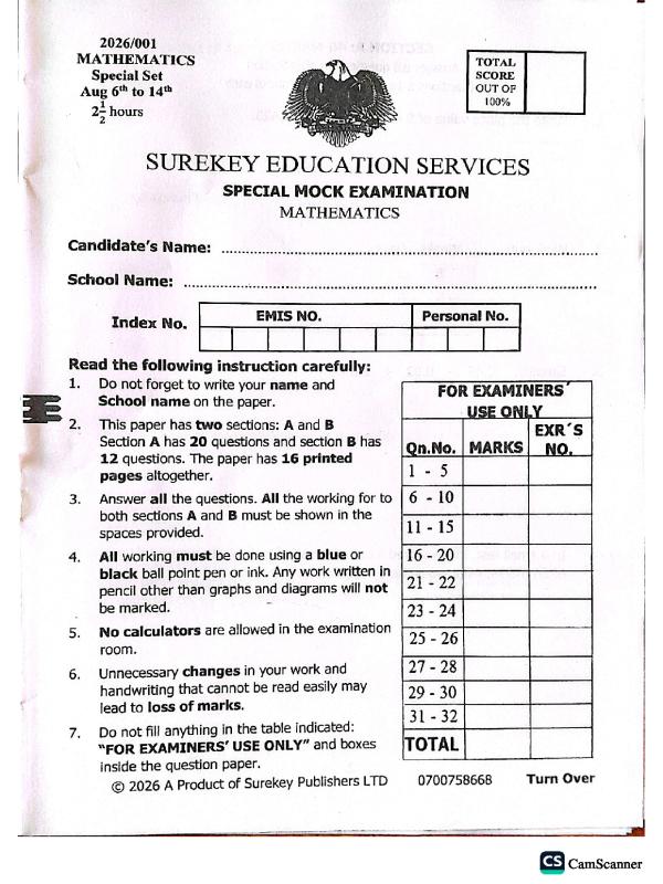 P.7 Mathematics Special Mock Exam with Answer Key (UNEB Primary Seven)
