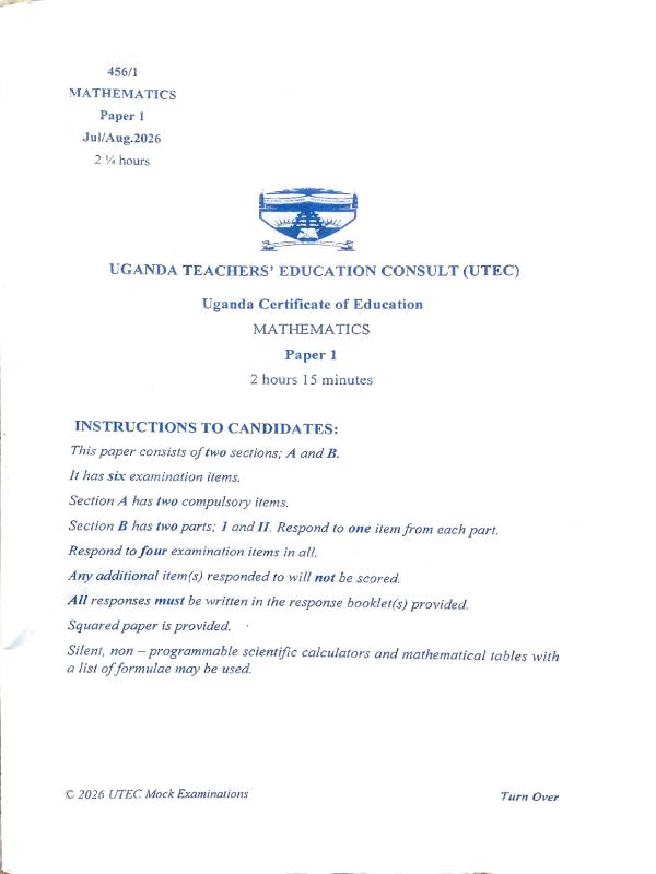 UTEC UCE Mathematics Mock Exam Paper 2026