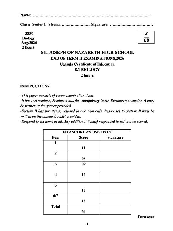 Senior One (S1) Biology Study Guide Sample