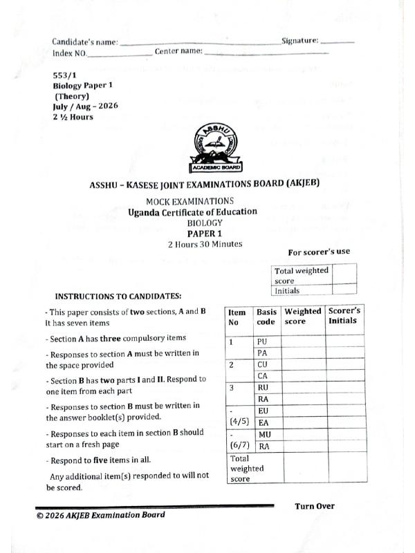 ASSHU Kasese Mock Exams - Secondary School Mock Papers