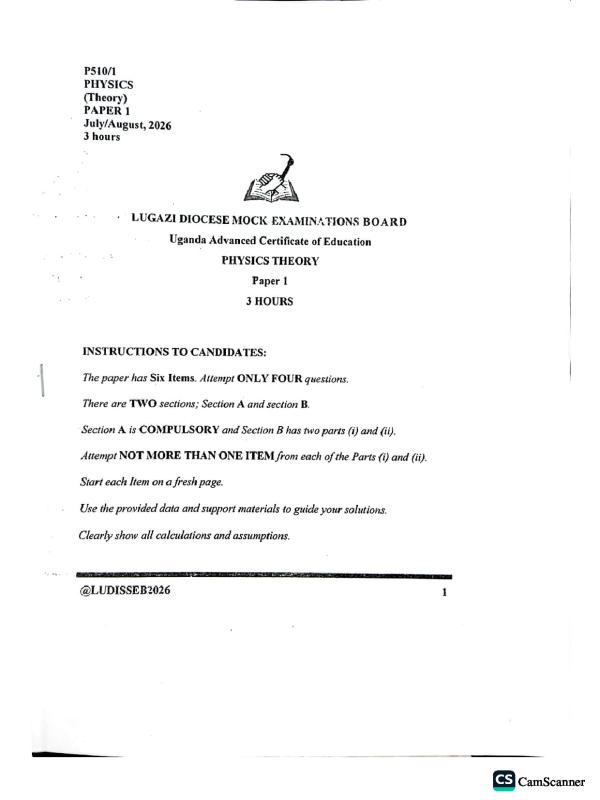 Lugazi Mock UACE Physics Paper 1 - Uganda National Examinations Board (UNEB)