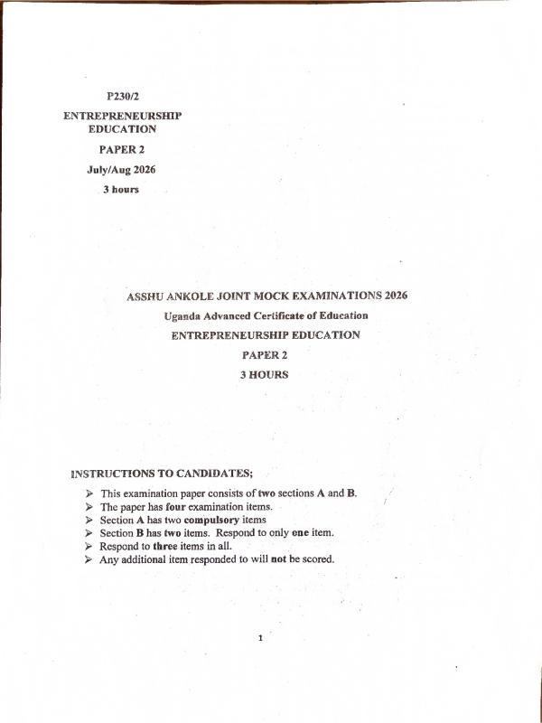 Senior 6 Entrepreneurship Paper 2 ASSHU Ankole Mocks 2026