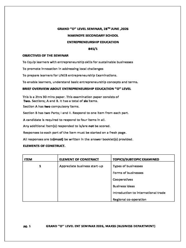 S4 Entrepreneurship Seminar Revision Questions - Makindye SS 2026