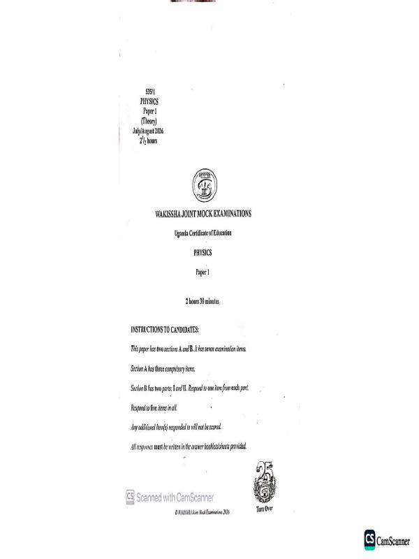 UNEB S4 Physics WAKISSHA Joint Mock Examination 2026