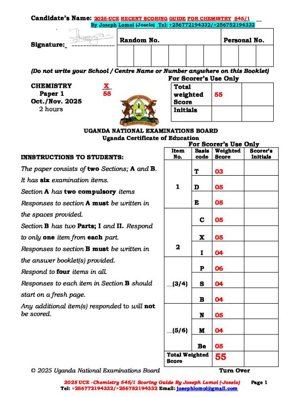 UNEB 2025 UCE Chemistry Scoring Guide