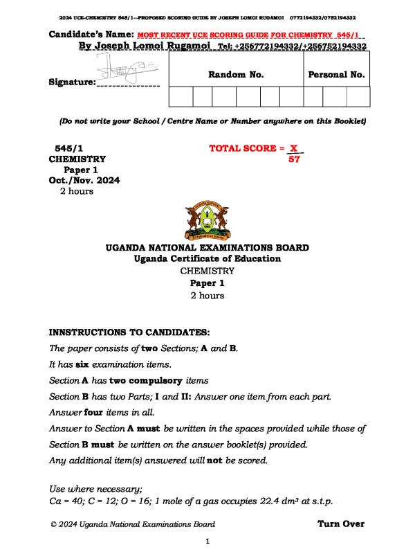 UNEB UCE Chemistry Paper 1 Proposed Scoring Guide 2014